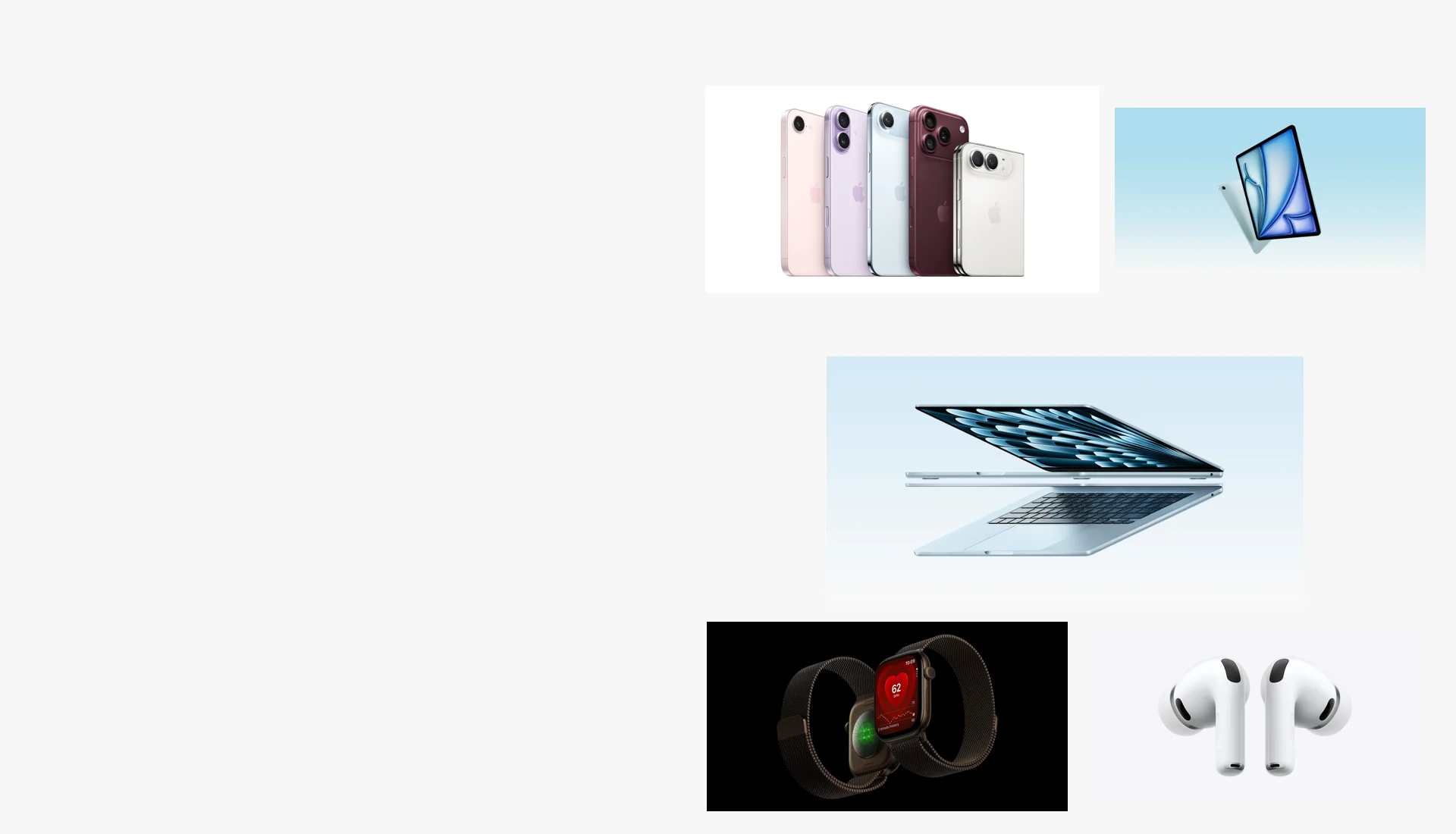 Composição de fotos reais oficiais: iPhone, MacBook Air, iPad Air, Apple Watch e AirPods
